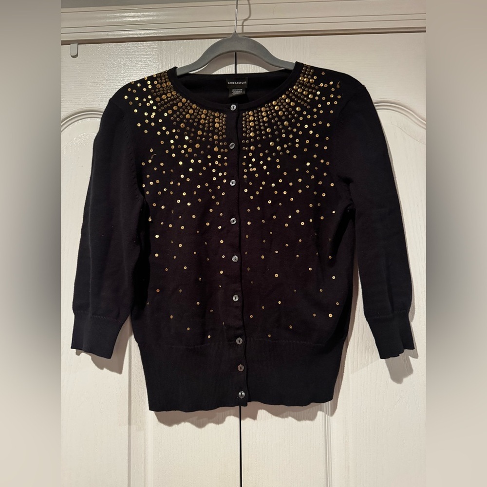 Lord & Taylor Black Cotton Cardigan with Gold Sequin Accents - Size S